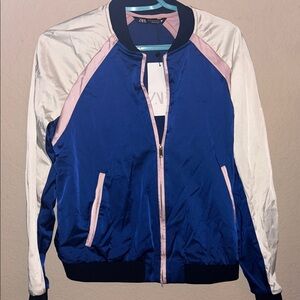 Zara Women's  bombe Jacket size M color block satin blue,pink and black